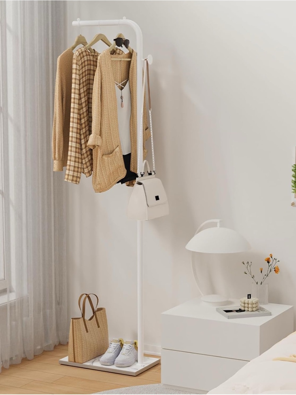 New L-Shape Metal Coat Rack Hat Bag Stand Tree Clothes Hanger Heavy Base- White
